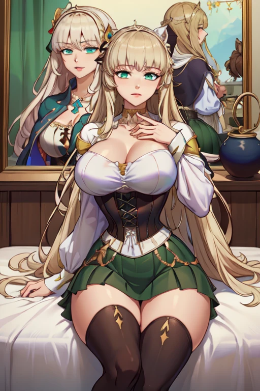 Highest quality,Highest Resolution,A beautiful blonde girl with a gorgeous smile,Full body close-up,looking at the camera,Large silver eyes,Green bra,Green underwear,High leg,green garter belt,Green knee-high stockings,Purple Bedroom,Black bedding,Glasses,