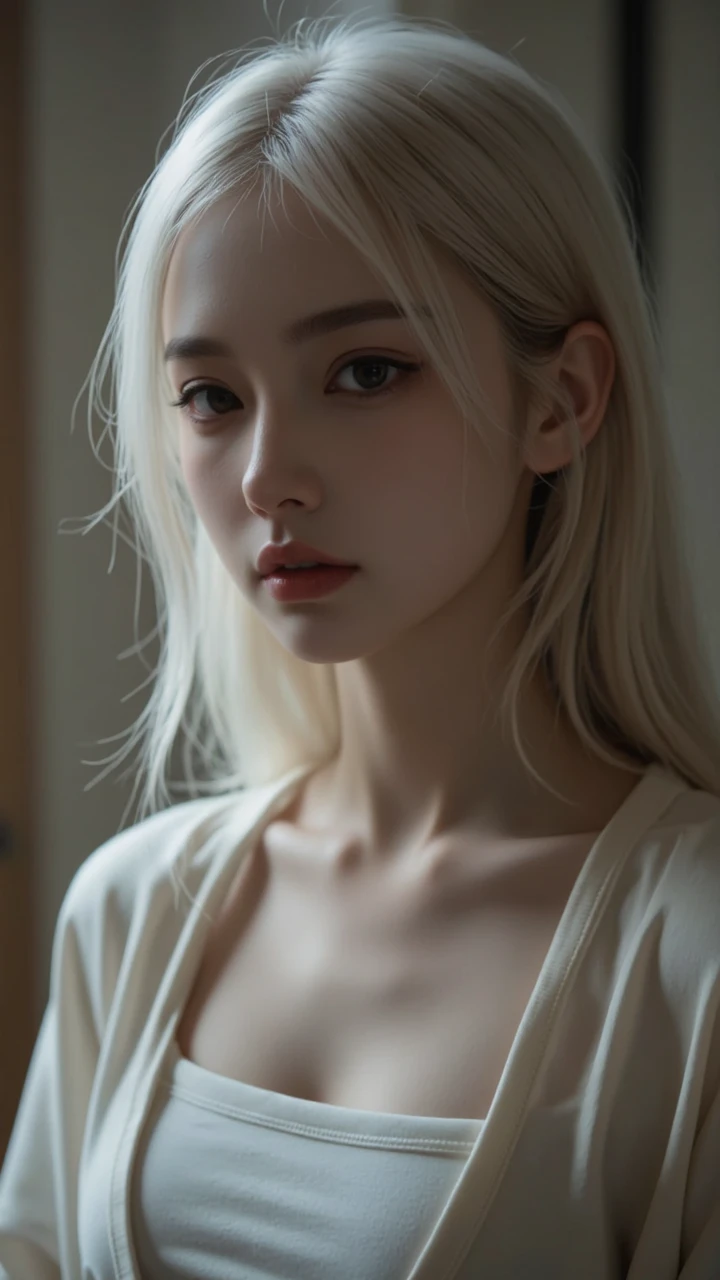(RAW photo, best quality), (realistic, photo-realistic:1.3), very pale skin, Ultra Detailed Face, Detailed Lips, black lipstick, Fine Eyes, double eyelids, extremely delicate and beautiful, Amazing, finely detail, masterpiece, ultra-detailed, highres, best illustration, best shadow, intricate, depth of field, (closeup portrait of a young beautiful woman:1.2),long hair, ponytail, messy hair,((((low key,dark scene,dimly lit)))),(((soft lighting:1.4))),(pale skin:1.4),(shy smile),(cinematic angle),sharp focus, volumetric fog, 8k UHD, DSLR, high quality,( film grain:1.4), Fujifilm XT3,(looking at viewer), pale skin, ((masterpiece))、(((highest quality)))、photorealistic, Raw photography, An illustration、1 girl、Beautiful silver hair、white blond, Princess Cut、hair in eyes、Beautiful Eyes、Environmental Scene Change、Poses too、gorgeous princess dresagic、Shartaan Betarola、(Simple Background、Black background:1.3), depth of field, silky smooth skin, ultra realistic, extremely high resolution, highest detailed eyes and face, spot light, 14 year old, adorable, Revealing clothing、White clothes、Wrinkled tank top、Bare Chest, sheer