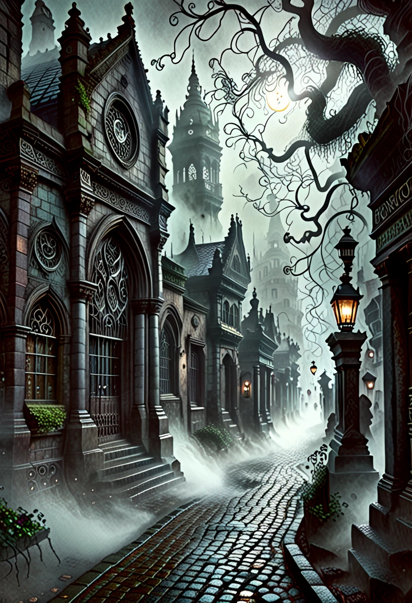 A foggy street in a dark fantasy city, cobblestone ground glistening with recent rain, tall crooked buildings with iron balconies, glowing lanterns powered by magical runes, faint silhouettes of people walking through the mist, spectral figures blending with the fog, gothic and steampunk architecture blend
