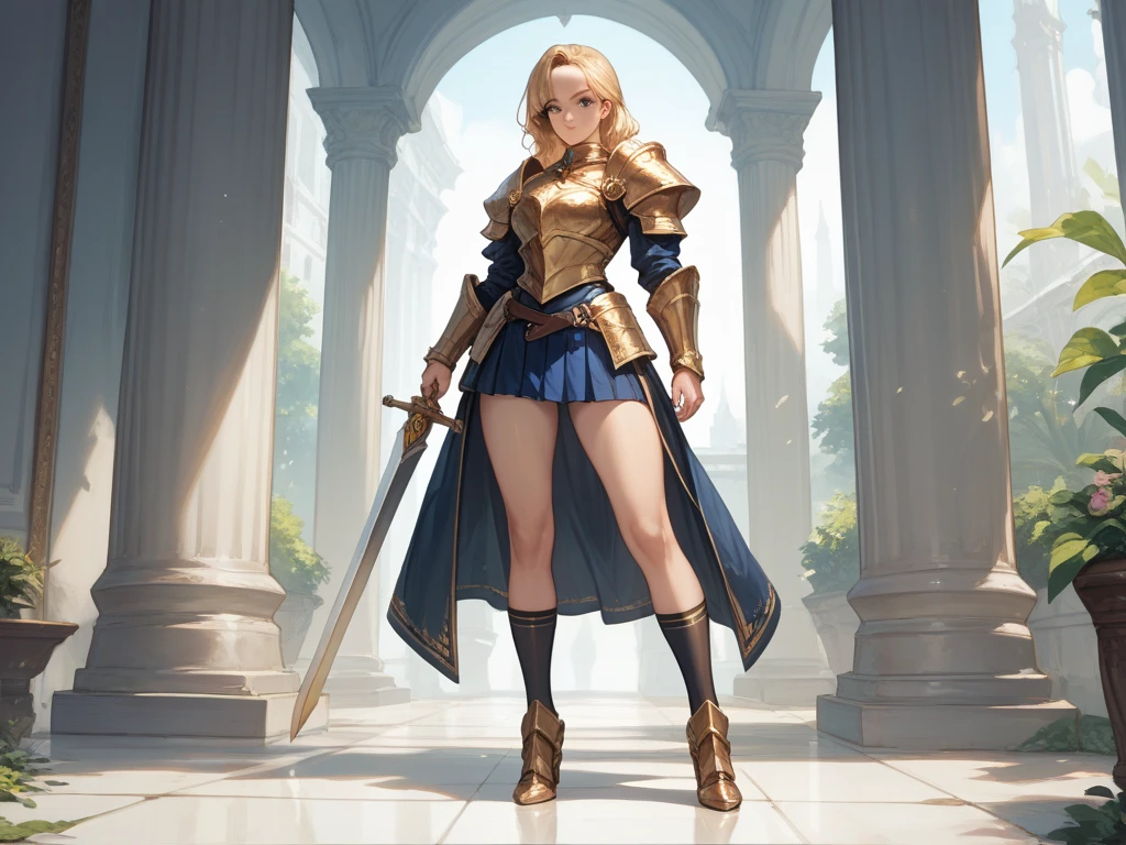 (Representative work: 1.2, best quality), realistic, (realistic, complex details, depth of field), 8k, best quality, representative work, high detail, semi realistic, 1 girl, young woman, 19 years old, golden long hair, right eye covered with hair, blue right eye, jewelry crown, palace style white and gold short skirts, golden iron boots, slim figure, wielding sword, Wilderness
