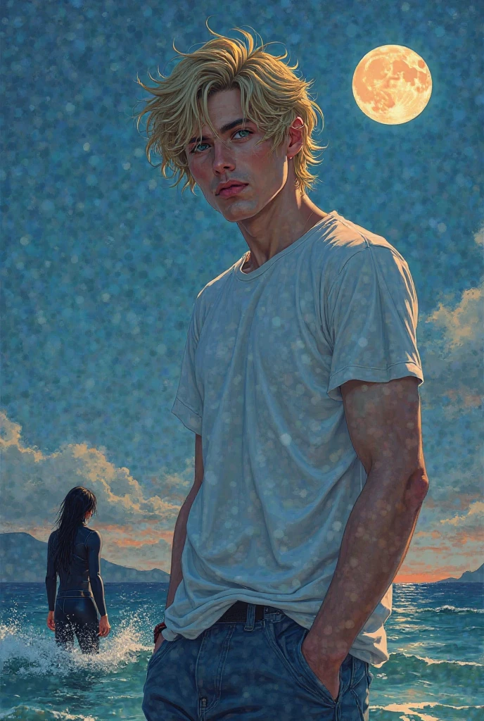 High resolution image A handsome man with light golden hair, green eyes, 29 years old, wearing a white T-shirt, jeans, taking a photo of a handsome man with long black hair in a busy afternoon, black eyes, wearing a wetsuit at night on the plateau with a full moon. Korean manga painting