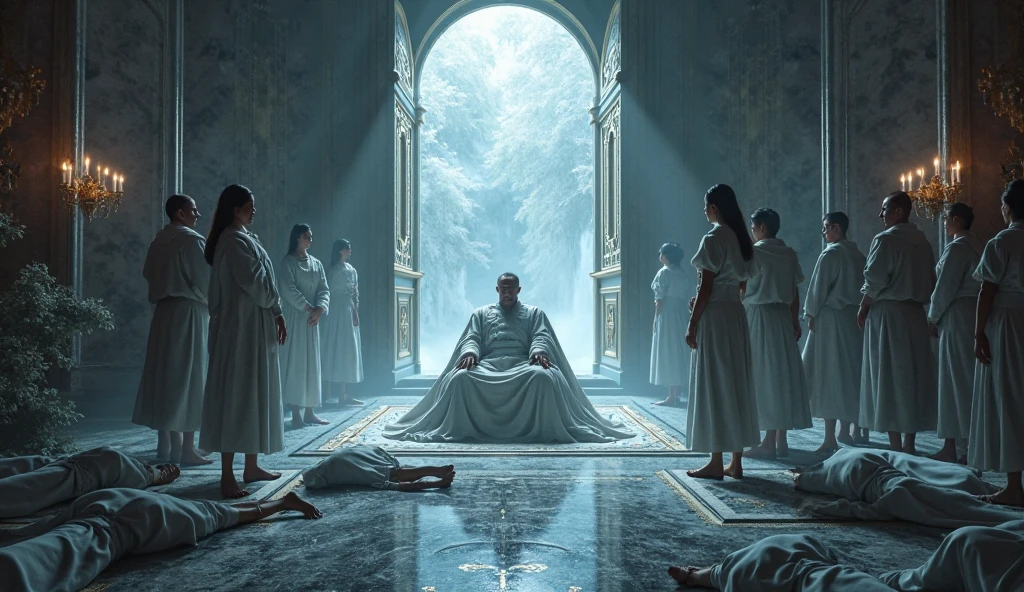 Frozen Scene — “The Way of Blood to the Emperor's Bed”
Style: Realistic 3D + stylized digital art + Luxury waifu aesthetic
Angle: Normal front view, 24mm lens — full body
The corridor scene shows, in the background, the open doors of Emperor Breno's suite, opened. The corridor is 30 meters to the doors of the suite. He is lying on the bed with his ????? up, with feet facing the door, wearing pajama pants. The granddaughters of the old King Arthur kneeling on the huge bed around the emperor, with your back to the door, they wear short tied shirts and are barefoot .
On each side of the corridor every 3 meters there is a soldier lying face down, with his heads turned to the center of the corridor. Also on the side of the corridor, every 3 on each side, maids standing with their heads turned to the bedroom, curiously watching what is happening..


Official Visual Style of the Breno Empire Universe

1. Aesthetic base:
The visual universe is based on a realistic 3D anime style, with proportional characters, luxurious settings and extreme attention to detail in each scene.

2. Artistic complement:
The images present dramatic composition, with refined lighting, elegant textures and visual effects stylized as sparkles,  reflections and shadows , evoking an intense cinematic atmosphere.

3. Predominant feminine aesthetic:
The look of the female characters refers to the sophistication of high fantasy, with luxurious, striking expressions and poses that mix delicacy and power. The clothes are bold within the universe, but always presented with an artistic and refined approach.

Imperador Breno — Central Figure of the Empire

Height: 1,90 meters
Physical constitution: Altivo, with a dominant posture. definite body, long shoulders, narrow waist.
Cabelos: Pretos, short and well-groomed costumes.
Rosto: Expressivo, with strong features and penetrating eyes.
Vestimenta: very expensive custom-made suits, with luxurious finish. Em a