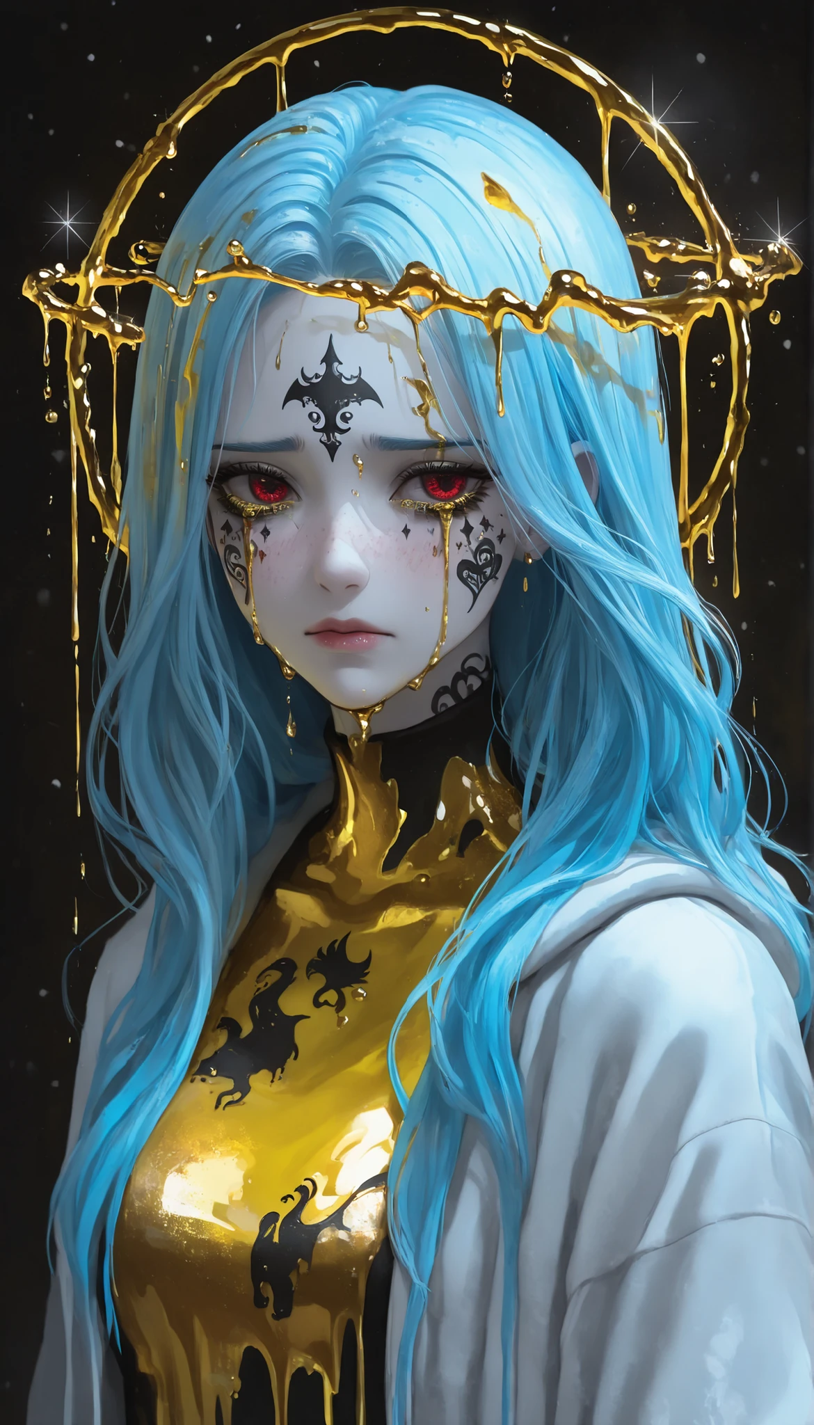 1 girl,looking sideways,shy,Freezes,snow, close,Beauty,Composition,contrast with red eyes and blue hair,facial focus,Crying yellow tears,super detailed eyes,liquid gold,Dramatic scene ,Yellow blood,Ring of blood on the head,Ring of light on the head,facial tattoo,black tattoo of wild animals