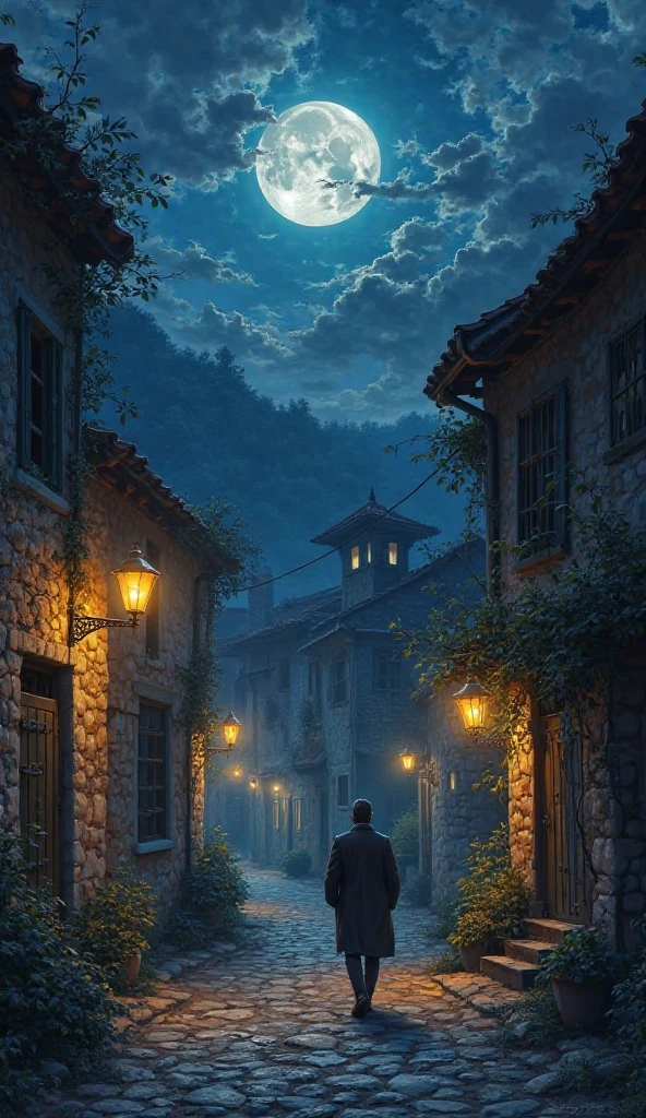 Un homme marche dans la nuit dans un village abondent 