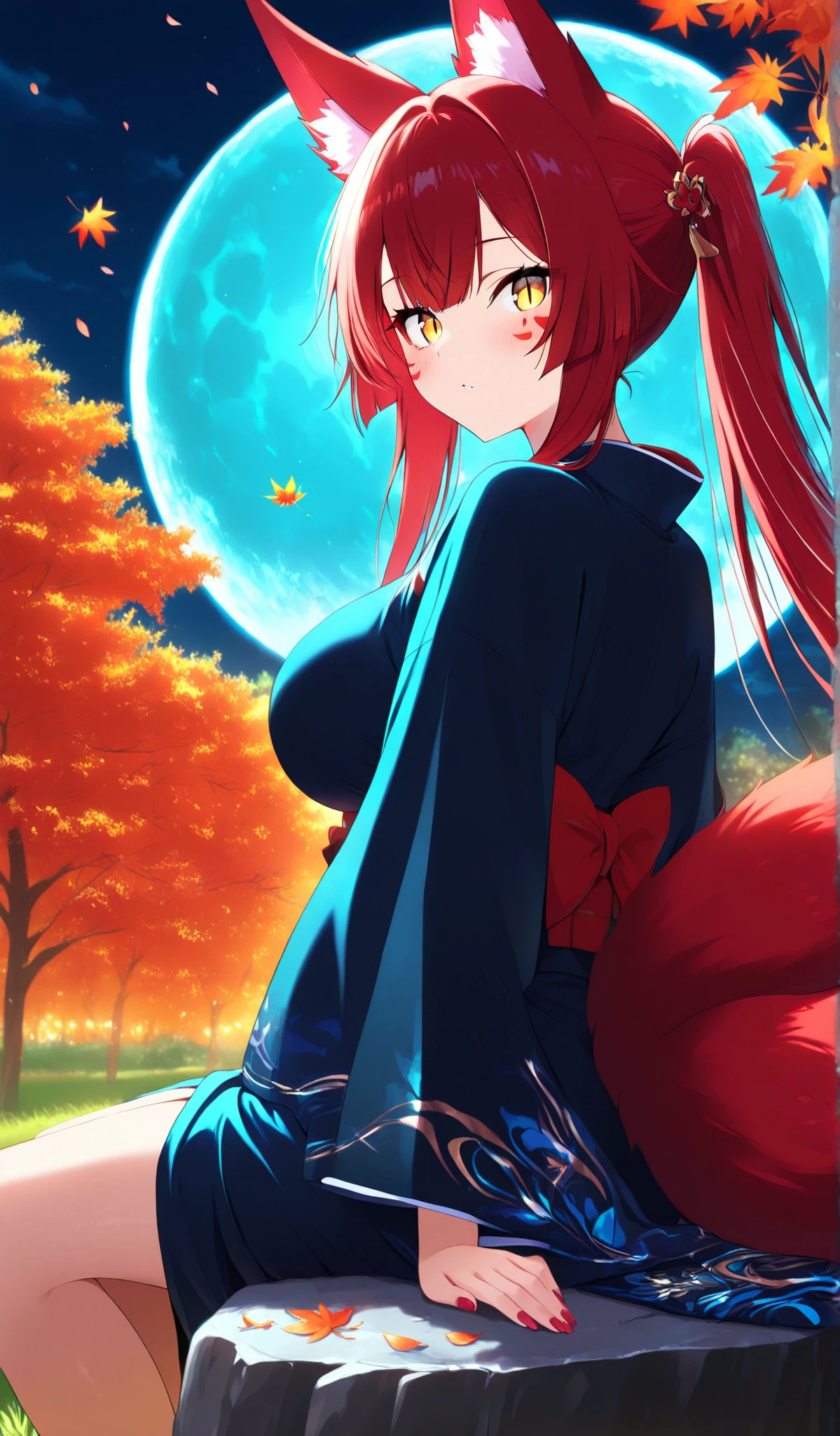 Mitsuki, red hair, ponytail, bangs, brown eyes, standing, smiling, hands on hips, solo
MitNin, toght black bodysuit, fingerless gloves, hood down, fishnets, fishnets,kunai strap,
on Japanese building, nighttime, moon, Sengoku period,
(insanely detailed, beautiful detailed face, masterpiece, best quality) <lora:Mitsuki-05:0.7>