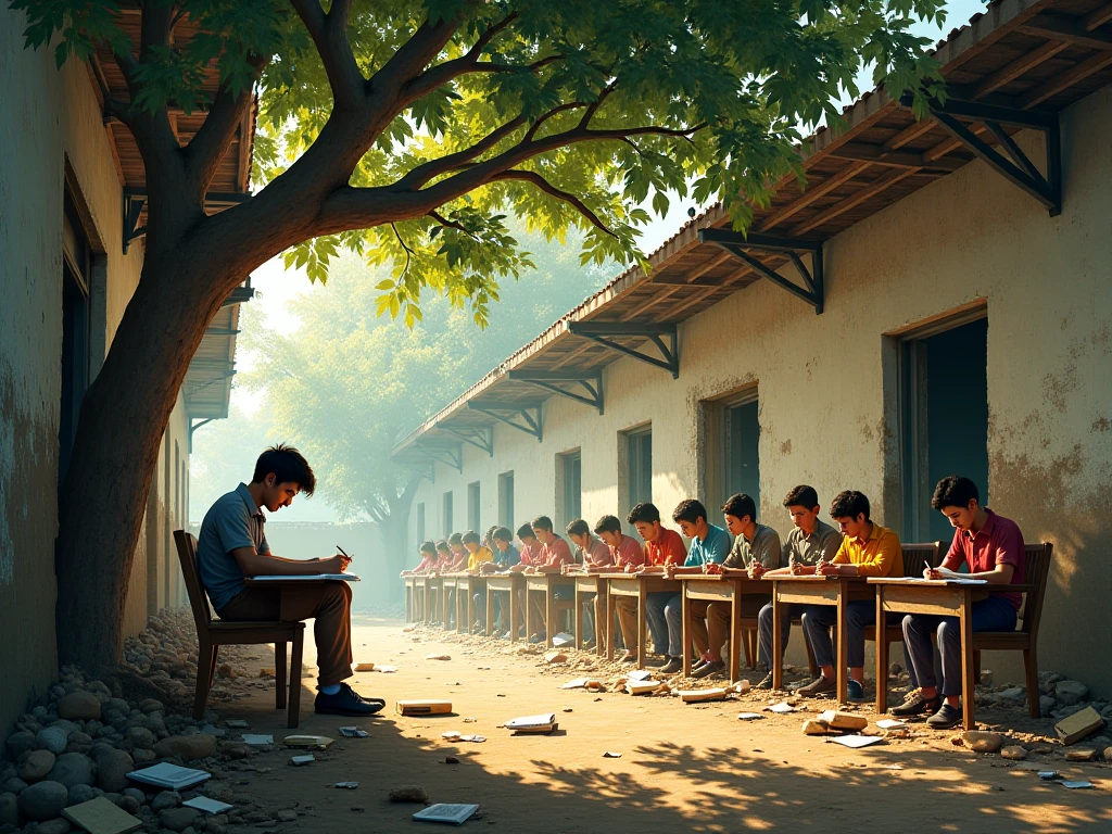 “An old, rundown village school with cracked walls, broken benches, and a group of ren studying under a tree. Raju is sitting alone, focused on a book.”
