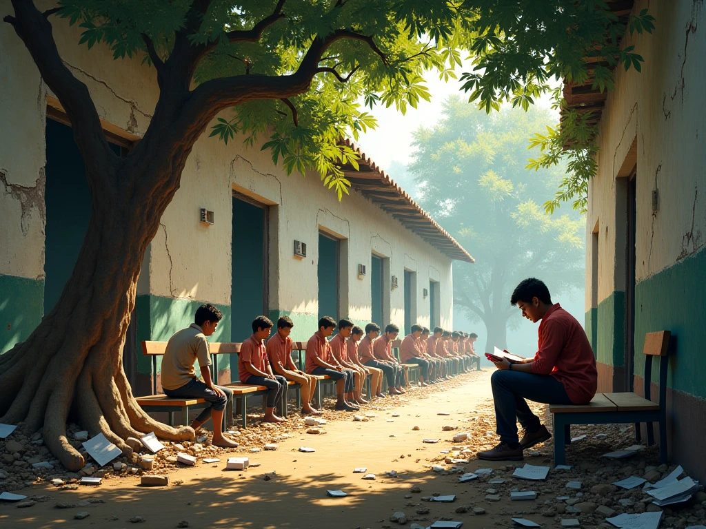 “An old, rundown village school with cracked walls, broken benches, and a group of ren studying under a tree. Raju is sitting alone, focused on a book.”
