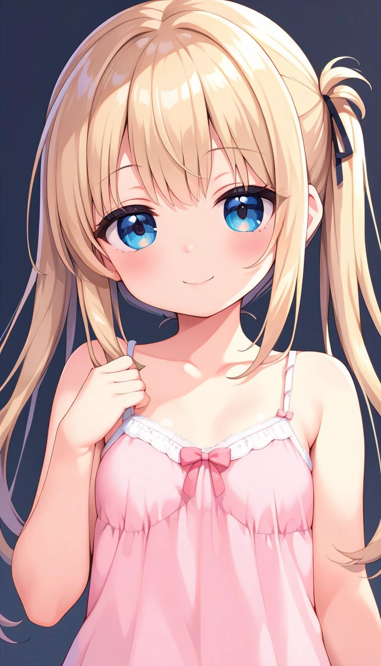 1boy and 1girl, Angle from the front、(((Close-up of face and chest:1.3))), (The gap between the camisole and the chest)、(She bends forward so you can see her breasts under her camisole.)、The girl bends forward to show off her breasts、(((evil grin))), (( girl)), Cute hair clip、Blonde、low length、Small breasts, Camisole、In the corner of the kitchen、((paizuri)), (1penis is in front of breasts), eject cum, cum to breasts、(The mouth is smiling and the tongue is sticking out.)、