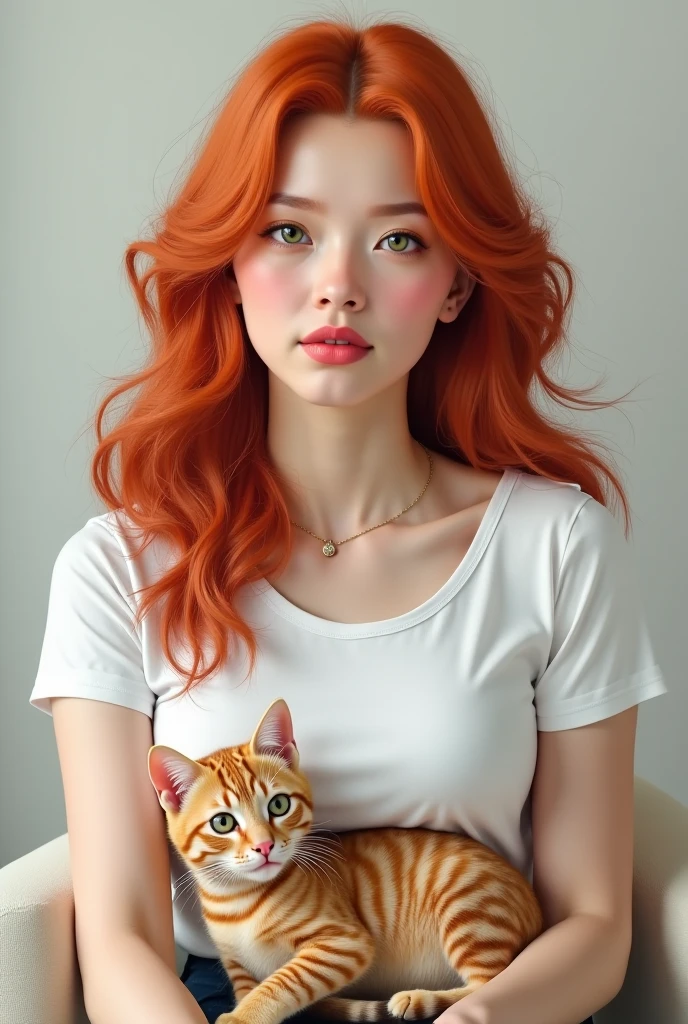 best quality, Masterpiece, 1 girl, Beautiful face, (orange hair), (photo realistic:1.3)(Highly detailed skin:1.2) High quality, The best ratio is four fingers and one thumb., (realistic:1.3), Wear a white blazer , Medium chest with a cat perched on the shoulder.,orange cat