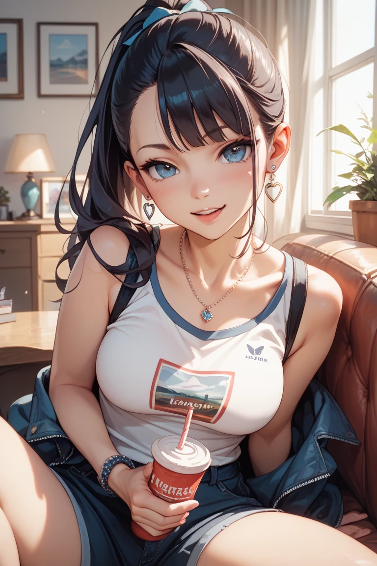 ((8K, RAW photos, Top quality, Masterpieces), HD RAW color photo professional close-up Photograph, (Realistic, Photorealism: 1.37), (Highest quality), (Best shadows), (Most Best Illustration), ((Erotic, Sexy, 超高分辨率, High-definition CG unity 8K wallpapers, physically-based renderingt, Movie lighting), (aegyo sal:1),18 years old girls,(Cropped denim jacket:1.4),(Dark gray tight yoga suit:1.4),(Dark gray skinny yoga pants:1.4),Do not bare your chest,Do not expose the abdomen,Long blonde thick hair,By bangs,heart - shaped face,Elegant face,beauitful face,High detail face,Highly detailed skin,skin pore,sub surface scattering,(Blue eye details),realistic pupil,crisp breasts,perfect body figure,Enchanted smile,looking at viewert,full blush,'s plump lips,coffee shop in background,the city street,Sunnyday, ventania, detailed back ground, depth of fields, atmosphric perspective, Volumetriclighting, Clear focus, Realistic proportions, Good anatomy, (realisticlying, Hyper-realistic:1.4), 16k hdr,