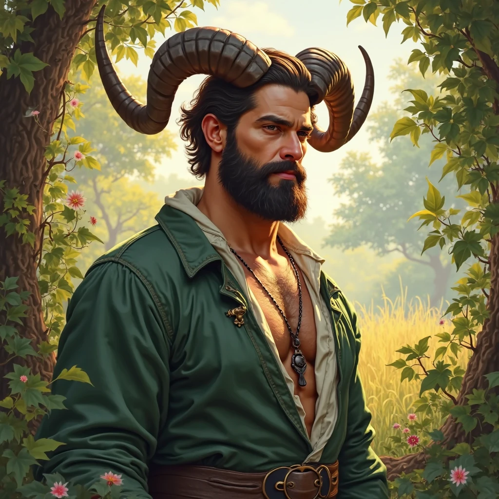 A majestic digital painting of a Taurus man, depicted with strong, masculine features and elegant, curved bull horns. His expression is calm, grounded, and confident — radiating inner peace and quiet strength.

He stands in a natural, earthy environment — surrounded by lush greenery, trees, vines, and rich soil. His attire combines rustic and modern styles: a linen or leather tunic with subtle floral or nature-inspired embroidery, and earthy tones like forest green, olive, and rich brown.

His eyes are warm and thoughtful, reflecting a deep connection to nature. Add small elements like leaves or flowers woven into his hair or horns, symbolizing growth and beauty.

The background should be soft and dreamy — a forest, field, or garden at golden hour, with warm sunlight filtering through the trees.

Emphasize the Taurus zodiac essence: strength, patience, love for beauty, nature, and comfort. Add subtle zodiac details like the ♉ Taurus glyph or constellation hidden in the foliage or glowing faintly in the sky.

Style: Painterly digital art, soft brush textures, glowing natural light, earthy tones, slightly ethereal and fantasy-inspired — elegant and powerful but grounded.

