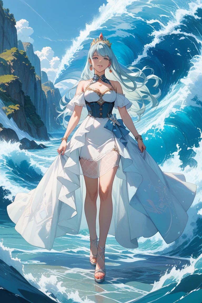 1girl,solo,white_hair,liquid hair, long hair, standing, liquid clothes, school uniform, <lora:LiquidClothesV1:1>,sea, large breasts, water,standing,lifted by self, cleavage, full body, blue sky, wave,tide,see-through, shirt