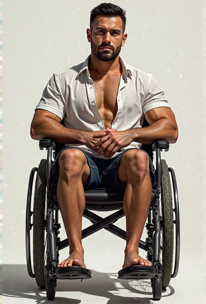 Man with both legs amputated sitting in wheelchair, arms crossed, muscular body, athletic body, protruding muscles, brunette, chest hair, bearded clenched, tattoo on left arm, real, photo