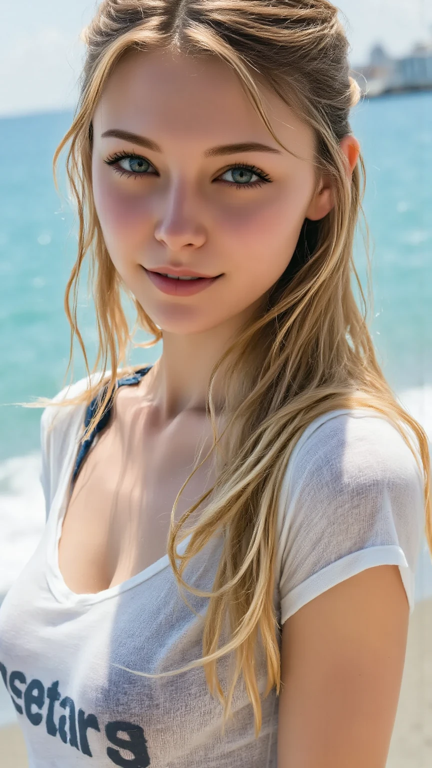 Photorealism of an incredibly beautiful woman with blonde, windy, disheveled hair, Panasonic Lumix S Pro 50mm F/1.4 style, Light blue and dark azure, Mashups for star photos, Soft realism, ultra-realistic, medium boobs, bright blonde Luminosity, Swiss Realism , Niji 5