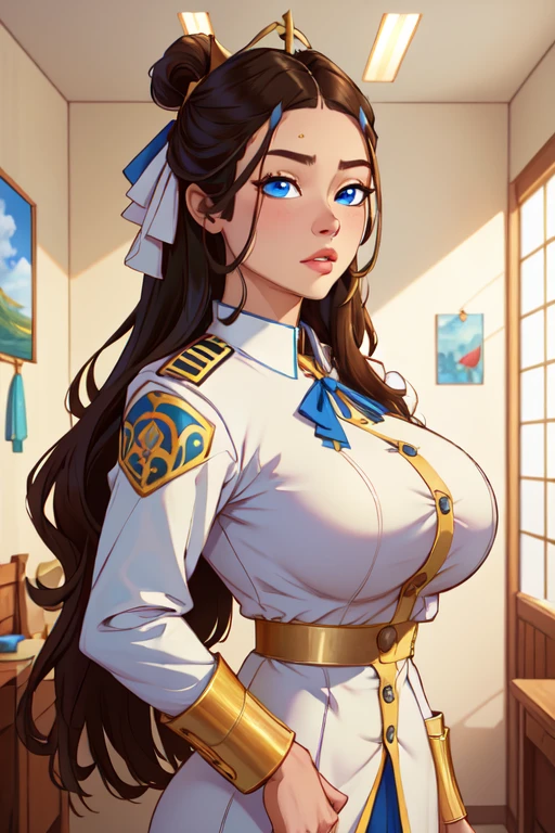 brown eyes, (highest quality, masterpiece painting:1.3), immature woman, , (half body shot), masterpiece, ultra high resolution, (Photoreal:1.0), ((black hair)),straight hair, beautiful shining hair, white and shining skin, ((Ultra realistic details)), octane rendering, highly detailed face, (small breasts:0.8), (make a heart with hands), Busty chest, Convex buttocks, White military uniform, White military cap,White lace-up over-the-knee boots, open neckline, cleavage, perfect body, soft skin, White cherry blossom embroidery pattern, silver earrings, (pure white background:1.4), sharp focus, intricate details, professional artwork, (bright colors:1.1), bright colors, diffused lighting, digital blending, ultra-definition body, ultra detail hair, super detailed face, trending on pixiv, top button open, Cute gaze, compensate, perfect lips, perfect compensate, Ultra-precision coating, (light_smile:1.2), (Very embarrassed:1.2),
