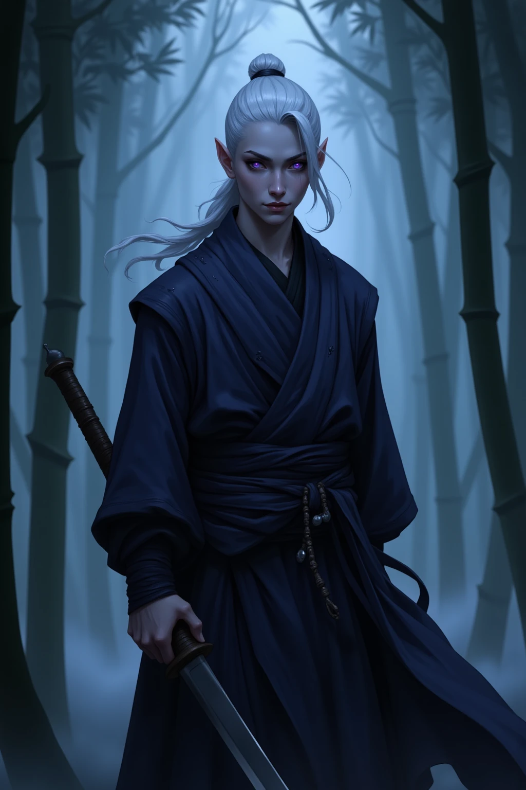 A young male half-drow monk standing in a misty bamboo forest, with silver-white hair tied back in a loose topknot, violet eyes glowing faintly in the dark. He wears simple but elegant monk robes in shades of deep indigo and charcoal, with subtle elven patterns stitched into the cloth. His arms are wrapped in dark cloth, and he carries no weapons, only prayer beads at his wrist. His expression is calm but focused, a warrior of inner peace. The atmosphere is serene but tense, like a storm is coming. --v 5 --ar 3:4 --style cinematic

