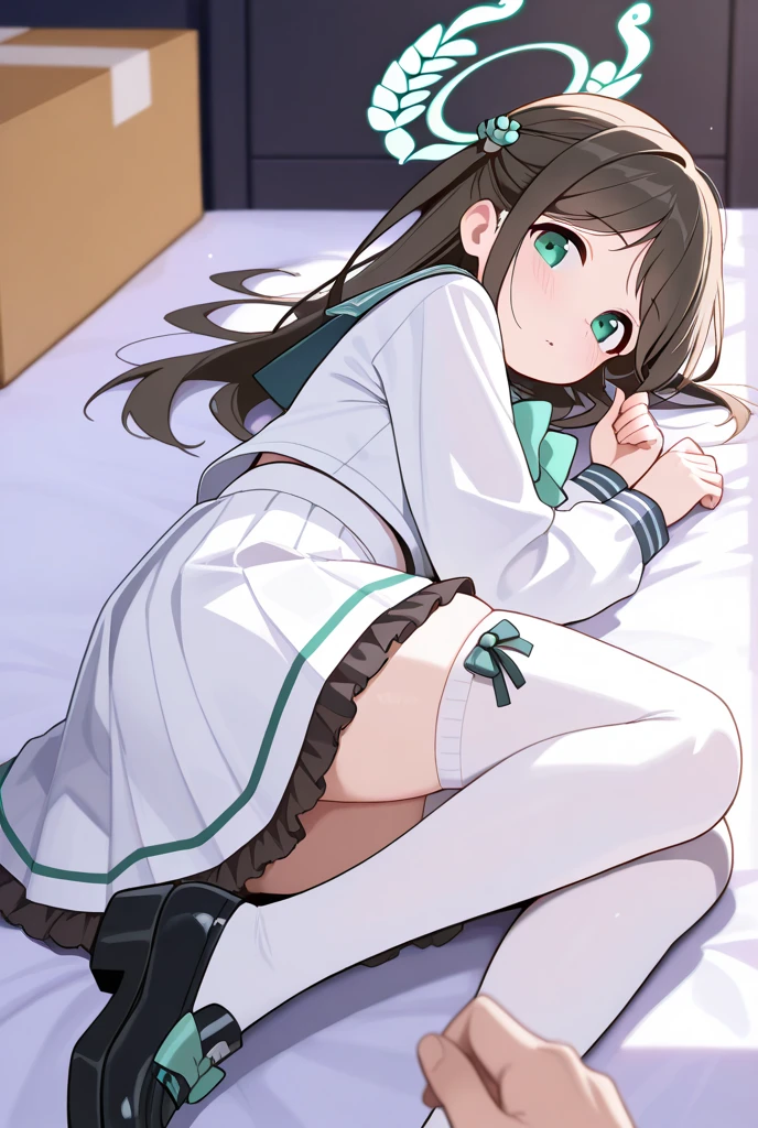 brown eyes,long hair,clover hair ornament,ahoge,blue jacket,white dress, long sleeves,green bow, black thighhighs,sneakers,amamiya mimori, on bed, panties, knees up, on back, flustration,open legs, missonary position,pov,standing penis,handjob by boy, scared face, cum shot,