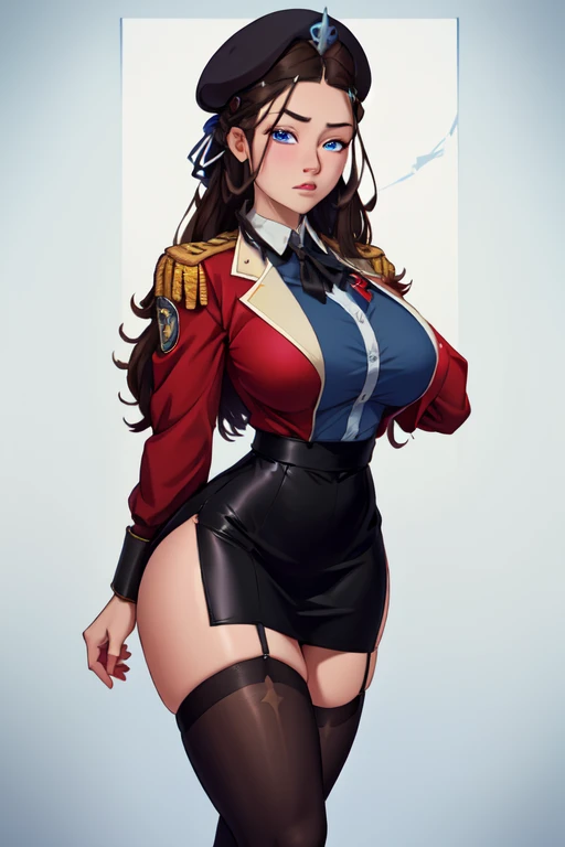 Female Boss,Years on,Black Hair,Droopy eyes,Gentle face,Large Breasts,Cleavage,Jacket, White shirt, belt, uniform, Blue Skirt, army, formal, blue Jacket,Pencil Skirt,Fishnet tights,Purple intricate lace and lingerie