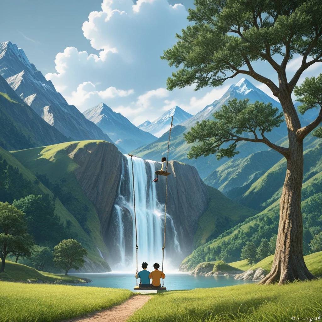 Anime style, A boys is sitting on a swing near a tree, facing backwards, on a land full of green grass, behind is a mountain with a beautiful waterfall. Anime 3D style, Top quality, soothing colors, nature, clear cloudy sky.