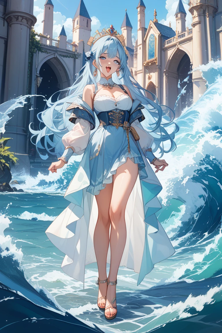 海long blue hair,close up,dream world,Mermaid girl, 海long blue hair,Nice pink eyes,underwater,tear nevus,Mermaid ears,(pearl head chain,necklace),necklace,Long off-the-shoulder blue dress,humanoid, Poseidon temple background, her skin is white, fair complexion,pink eyes,long blue hair, High heel,black legs,tattoo