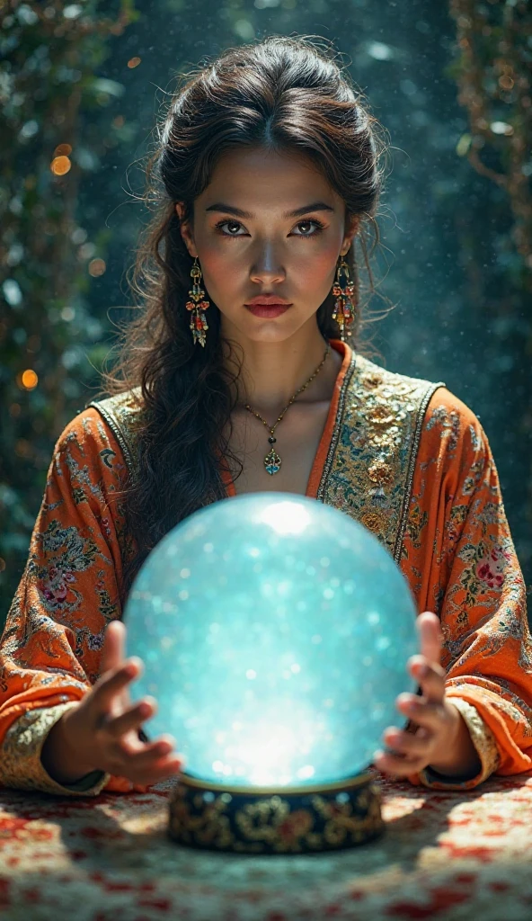 , the fortuneteller has a crystal ball in front of her.. The fortuneteller has a beautiful face and wears a beautiful and magnificent outfit.. The crystal ball is .