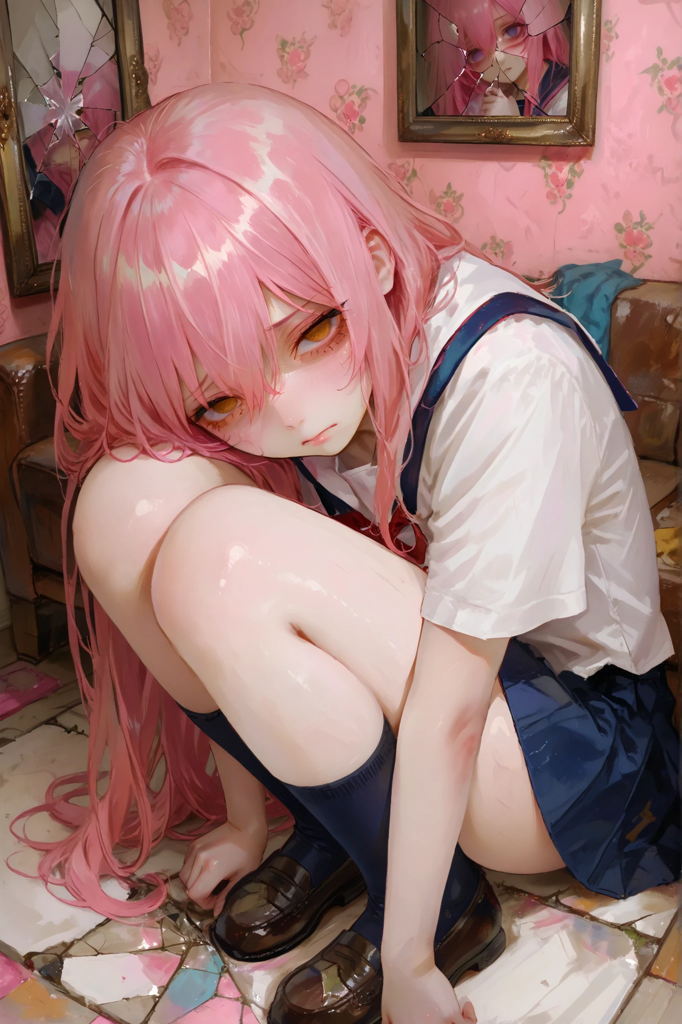 masterpiece, best quality, Detailed Eyes, girl, semi realistic, 8k, very long pink hair, cute, pretty, school uniform, amber eye, empty eye, cracked mirror on floor, living room background, solo charactor, looking at viewer, sad face