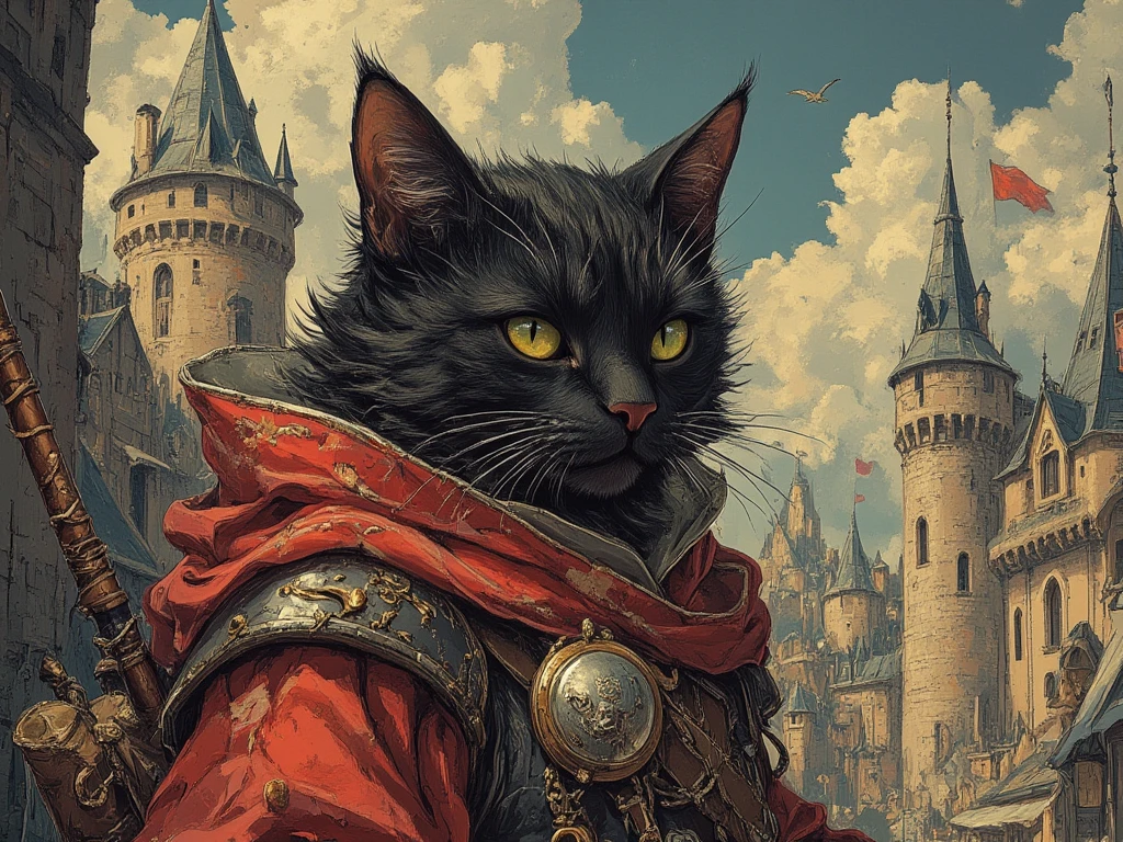 an a male black cat, smilling cat face ,dressed medieval clothing , membawa pesawat,  In fantasy art style, masterpiece,  best quality , Super Detail, an epic, 4K, cinematic light, ultra-detailed,  8k resolution ,(high quality, 8k, 4K, high contrast, masterpiece: 1.2, 最high quality, best aesthetic),quality:(highest quality, 4K, High resolution, masterpiece:1.2), Super detailed, ( fantasy art ,oil:1.5), High quality artwork, delicate brushstrokes, medieval castle background 