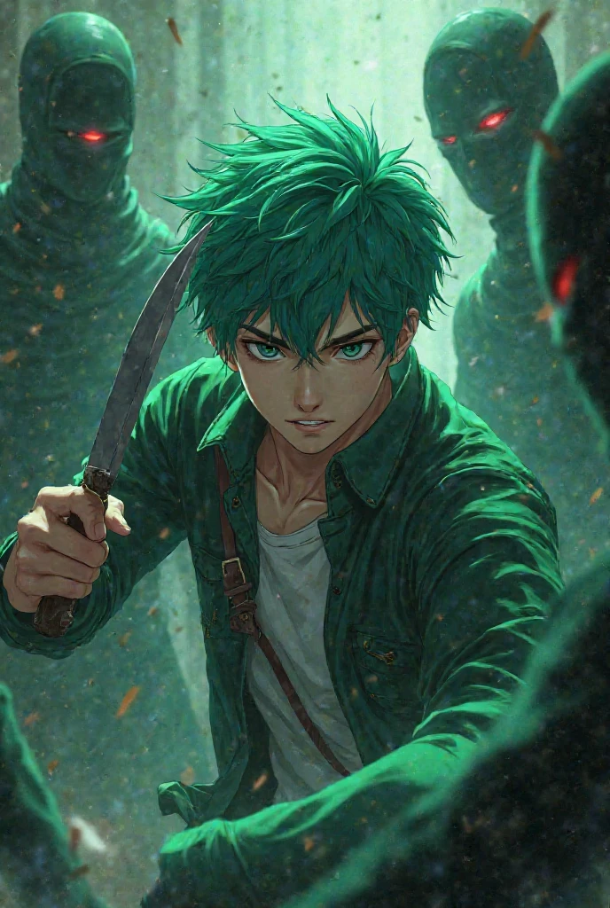 Anime character is a twenty-year-old boy with green hair holding a knife fighting the Dark Green Men 