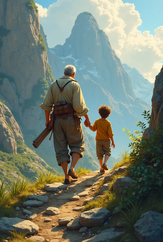 A father holding his little son's hand as they climb a steep slope, symbolizing God with us — Disney/Pixar-style art