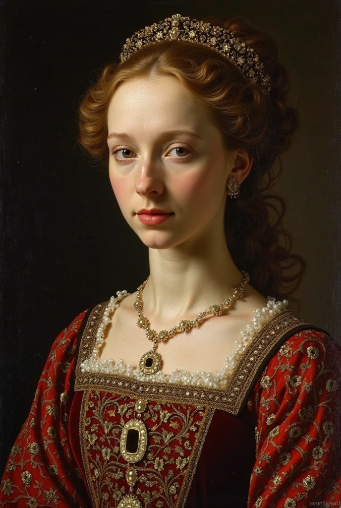 “Oil portrait of a noblewoman from the early 16th century, in the style of Northern Renaissance or Italian High Renaissance painting. The woman has pale skin, high forehead, delicate facial features, and is wearing a richly embroidered velvet gown with gold and pearl details. Her hair is styled in an elaborate updo with a jeweled headdress. Soft, natural light, dark background, detailed textures, traditional old master painting style, realistic but aged like a museum piece.