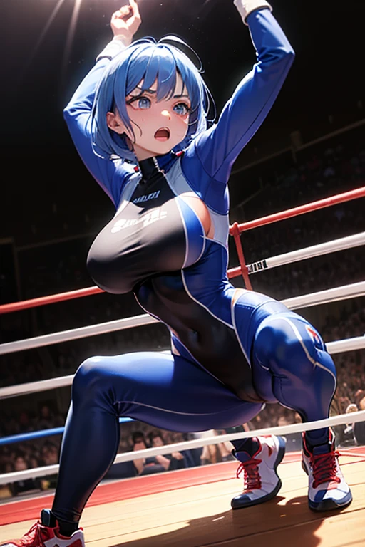 (Absurdres, best high quality, best detailed with gigh quality and very detailed features and textures alone solo character)
{{(20 years old blue-cobalt-blue-haired elf girl wrestler: (pale skin, hair tied in two pigtails, heterochromatic eyes, very thin lips, nice body, big breasts, beautiful arms, beautiful legs, big butt, happy face, open smile, lovely, cheerful adventurer, happy, shaking her booty), (yellow and white one-piece wrestling leotard, yellow wrestler knee-pads, yellow wrestler elbow-pads, white wrestling boots), (afternoon day, wrestling gym)}}