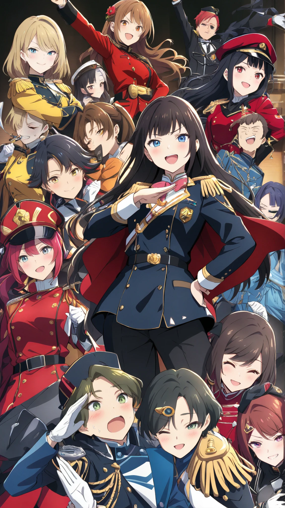 Characters、blue uniform with red edging、detailed with gold buttons and epaulettes、is wearing a formal military style costume。 she says 、blue and red featuring a gold emblem I'm wearing a pointed cap。her pose is full of confidence、Strong assertive、stands straight with one hand on her waist。 she says ニーハイの黒いブーツと、wears a black belt that complements her uniform。The red door with metal hinges and a key cast a clear shadow on the background、creates an authoritative atmosphere。This scene、creates an authoritative atmosphere。