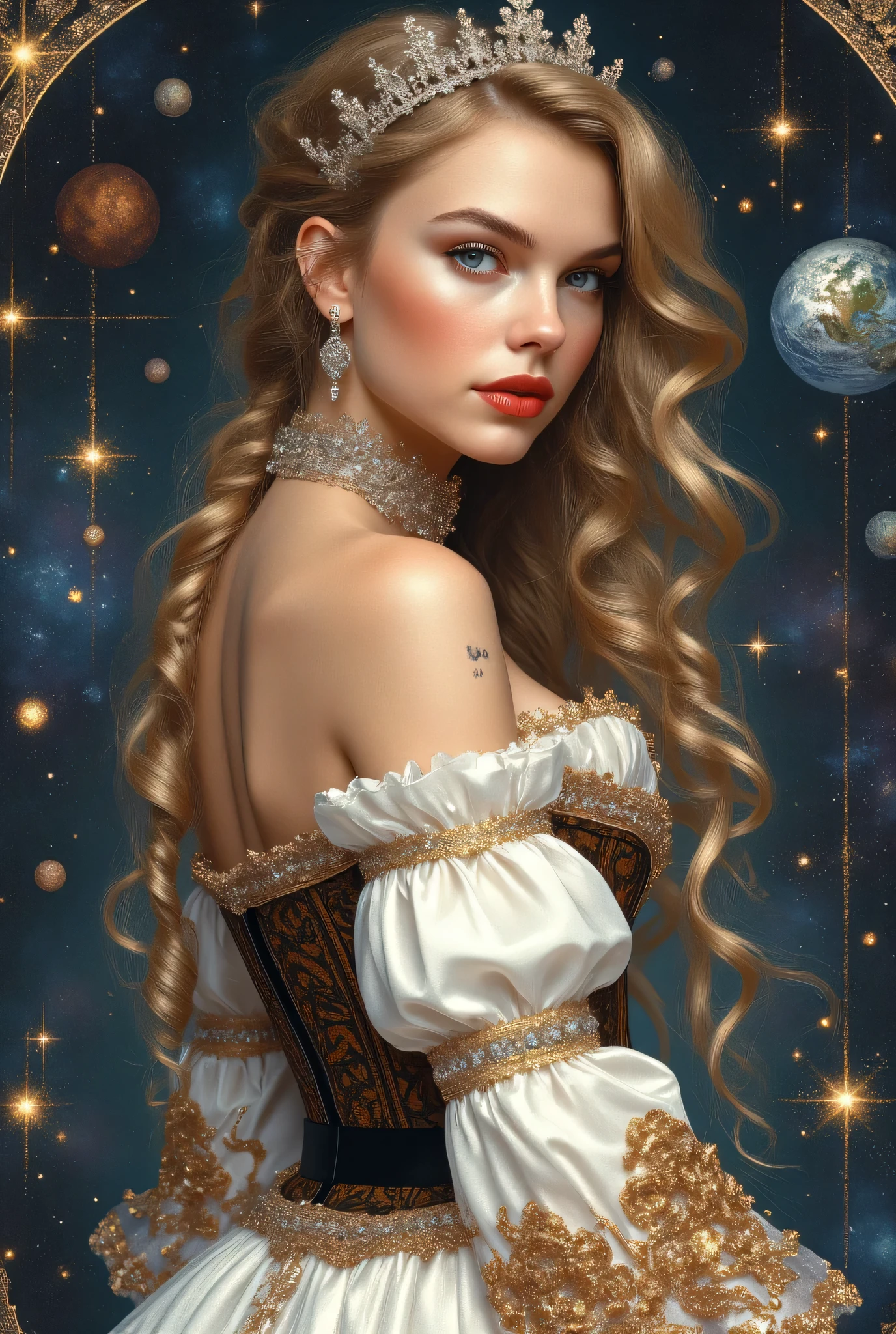 connection of universe and stars with drawn image of woman with long blond wavy hair with a mole on her left cheek and white dress, very beautiful young blond woman ((Taylor Swift)), blue eyes, very long braided blond hair, blushy cheeks dressed in white gown, brown corset, red lips, golden embroidery on the sleeves and bodice, diamant tiara, necklace and earrings, queen portrait style, looking back over her shoulder, face close up, black belt, blood red lips