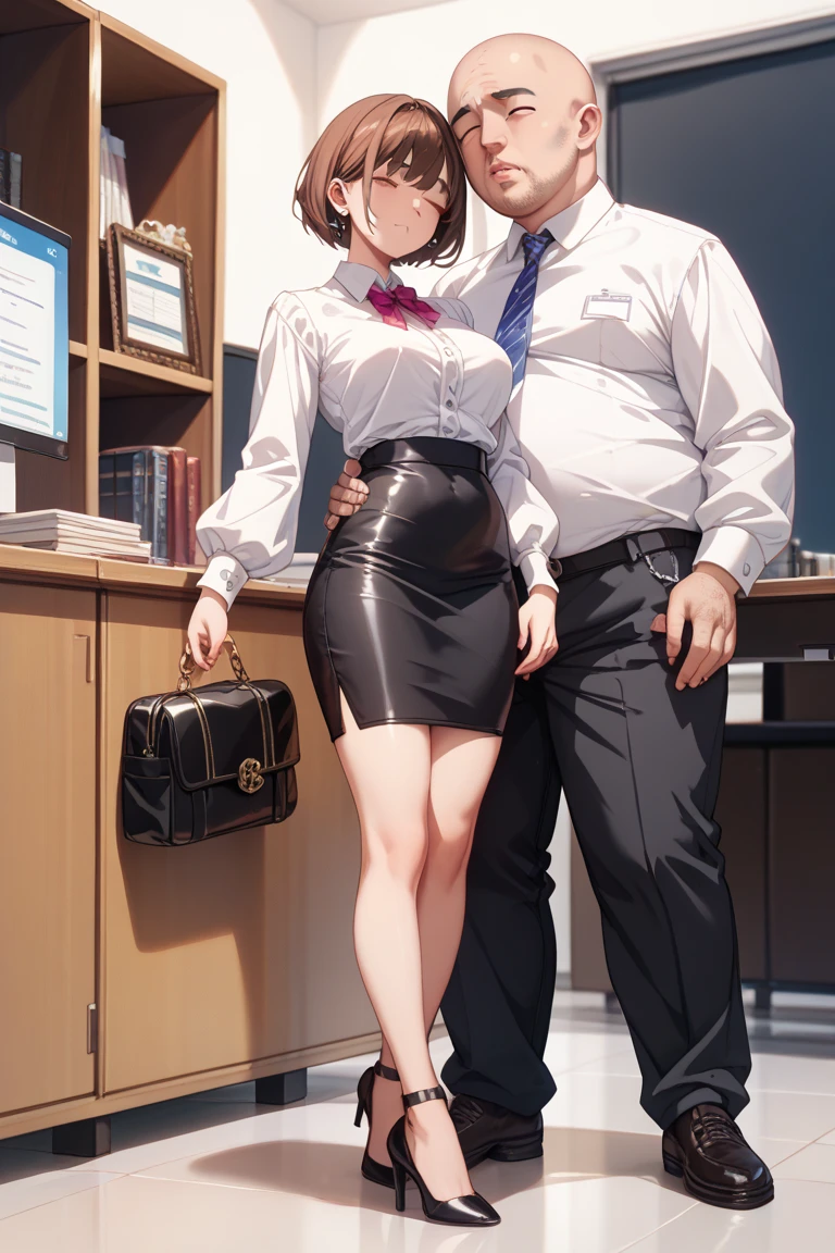 masterpiece, best quality, (one boy and one girl are having sex:1.2), home, on bed, high school student, (plump:1.2), short height, medium length hair, (ahoge:1.0), (brown hair:1.2), brown eyes, hairs between eyes, collared shirt, blazer, pleated skirt, , bow, black thighhighs, (saliva:1.4), (pussy juice:1.5), (sweat:1.2),