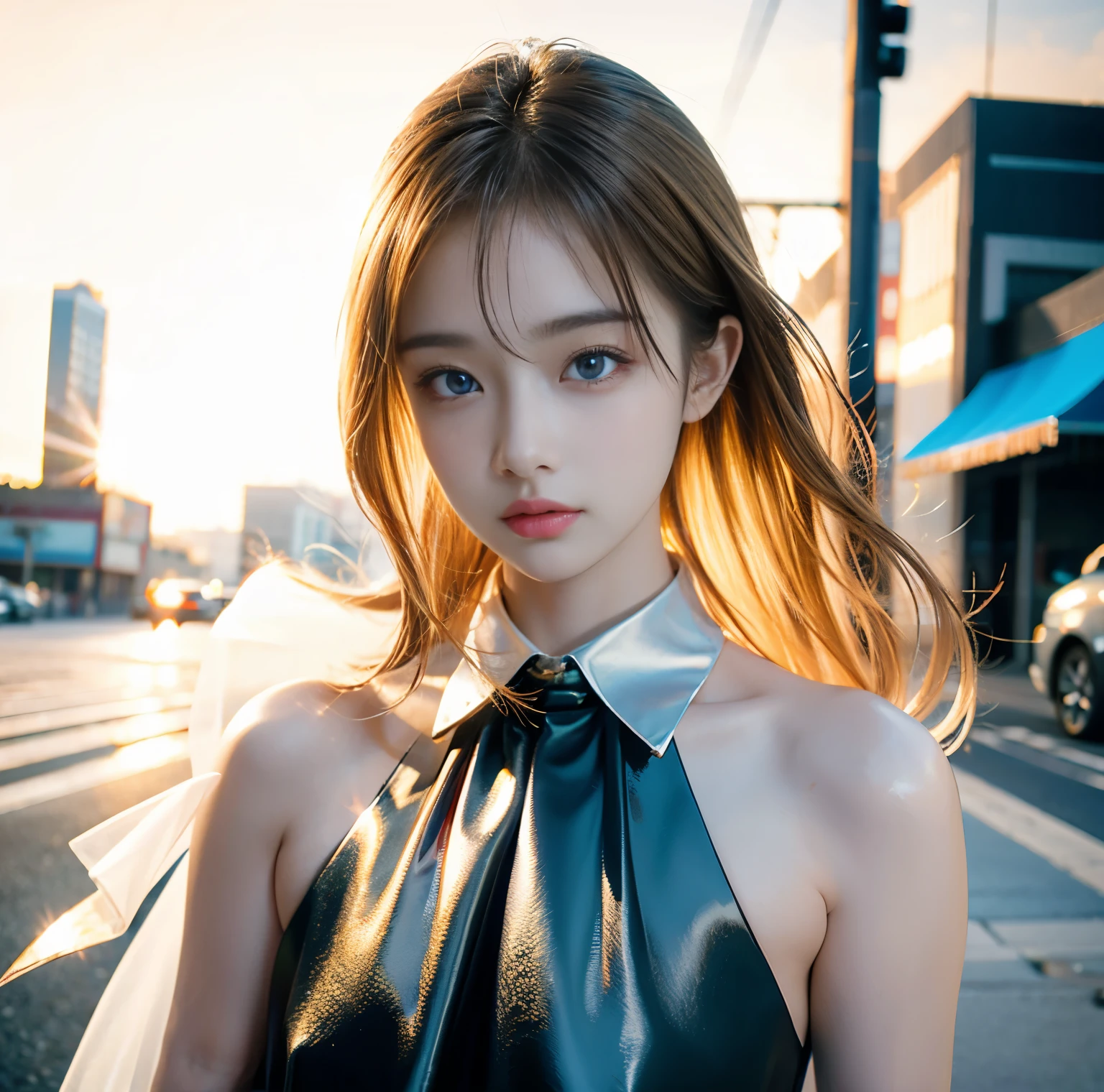 8K quality, pictures, Two beautiful men and beautiful women, (Beautiful like a goddess), in the city where the backlight of the intense sunset is dazzling, From the neck up, Red thin string ribbon tie on the collar, (Extra-fine silver glasses:1.2), (Brilliant, beautiful, bright blue eyes), (Blonde hair blowing in the wind), White Porcelain Whitening Skin,  has bangs, super big , Photograph, look at the camera, 