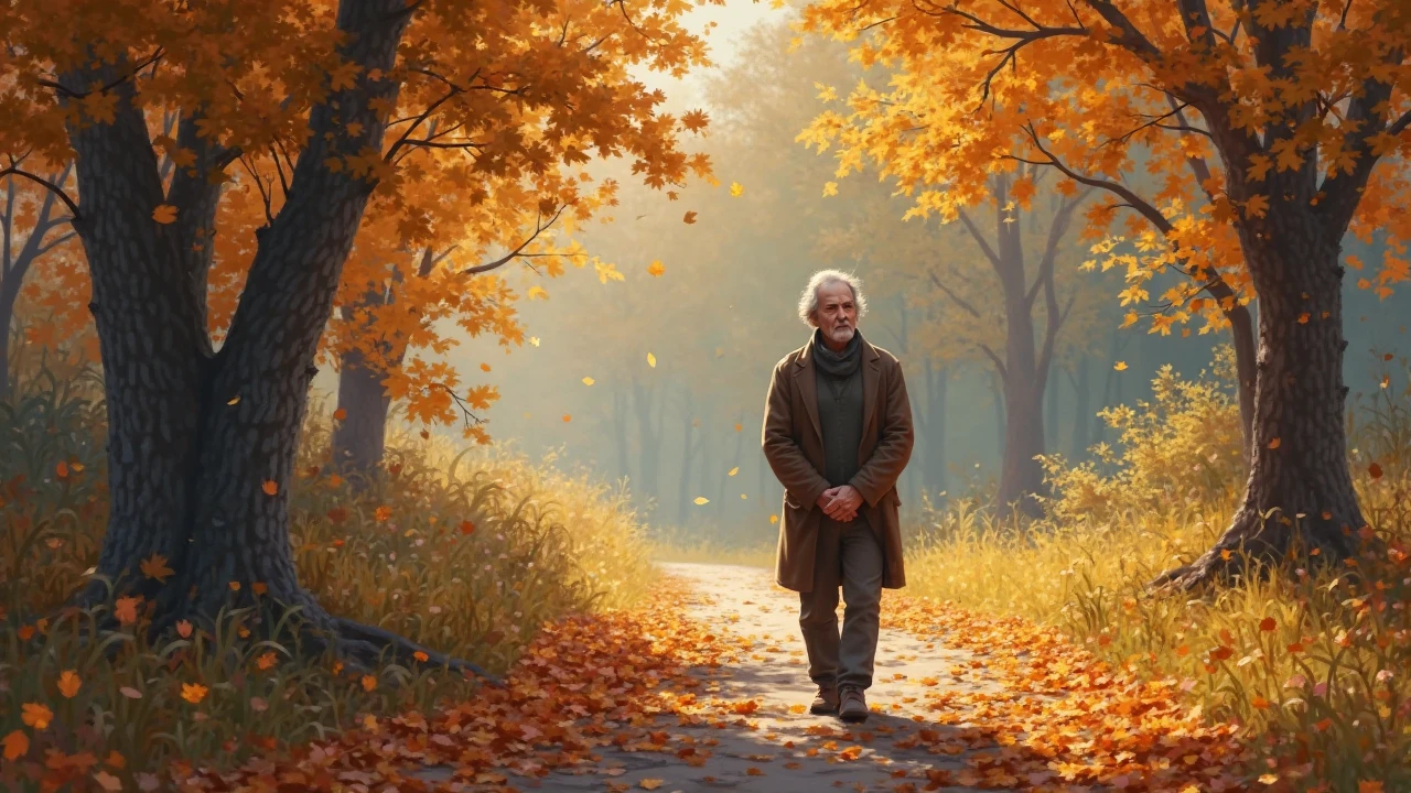 An elderly man walking slowly on an autumn trail, fallen leaves underfoot, golden trees surrounding him, hands behind his back, thoughtful and calm atmosphere, soft brush strokes --v 5 --ar 16:9 --style raw