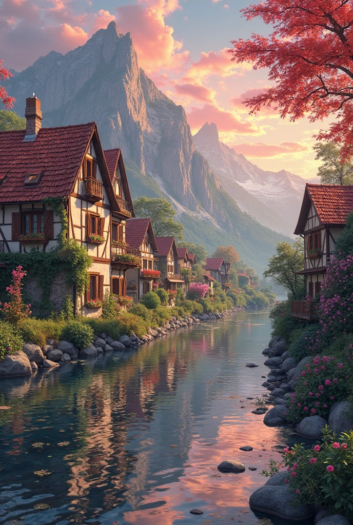 a small village by the river, mountains in the background, floral flowers colorful, detailed landscape, Beautiful natural landscapes, atmospheric lighting, scorching sunset, warm colours, practical, photopractical, Detailed Foliage, complex buildings, cobblestone street, Charming country house, swirly vibrant colors, lush vegetation, Still water reflections, Picturesque, idyllic, work of art, best qualityer, 8k, extremely detaild,anime styling