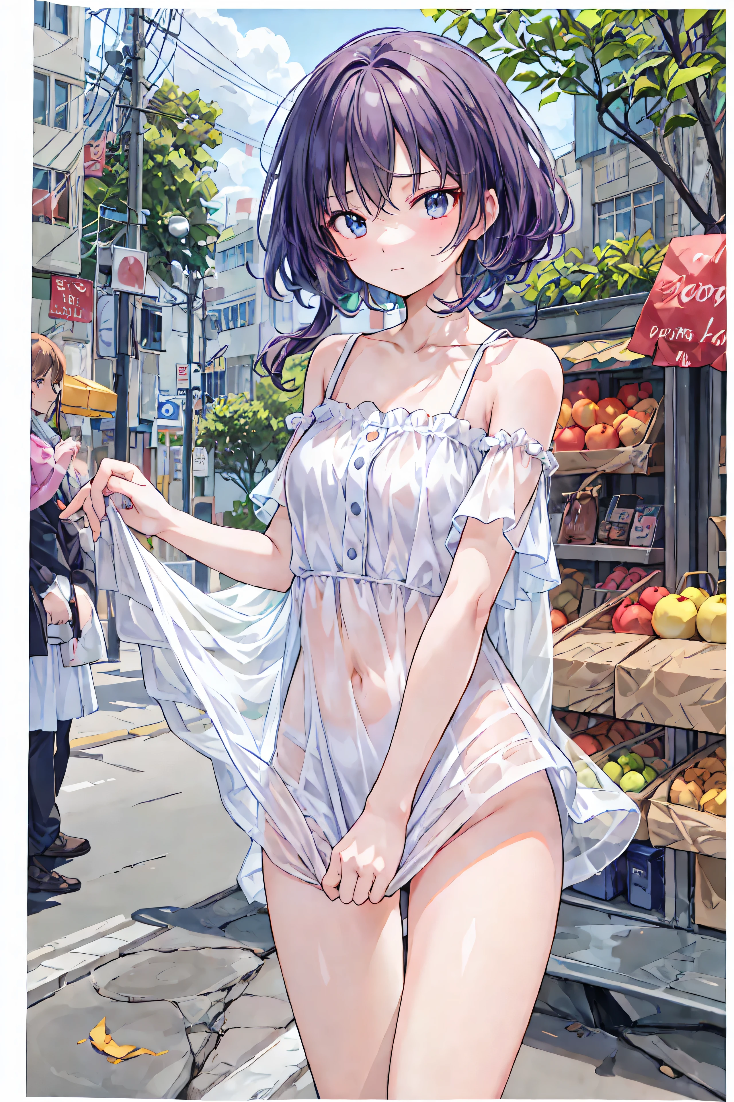 A young girl in transparent panties with a very thin body, with a cheerful face, stands at the market