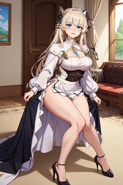 Female, standing straight symmetrical looking to viewer view from below, long messy white silver hair, maid with metallic bracelets, bracers, handcuffs, shackles, wristbands, chains, high heels, hands on hips, leather collar choker neck bell, leather corset, wide hips, thick thighs legs,