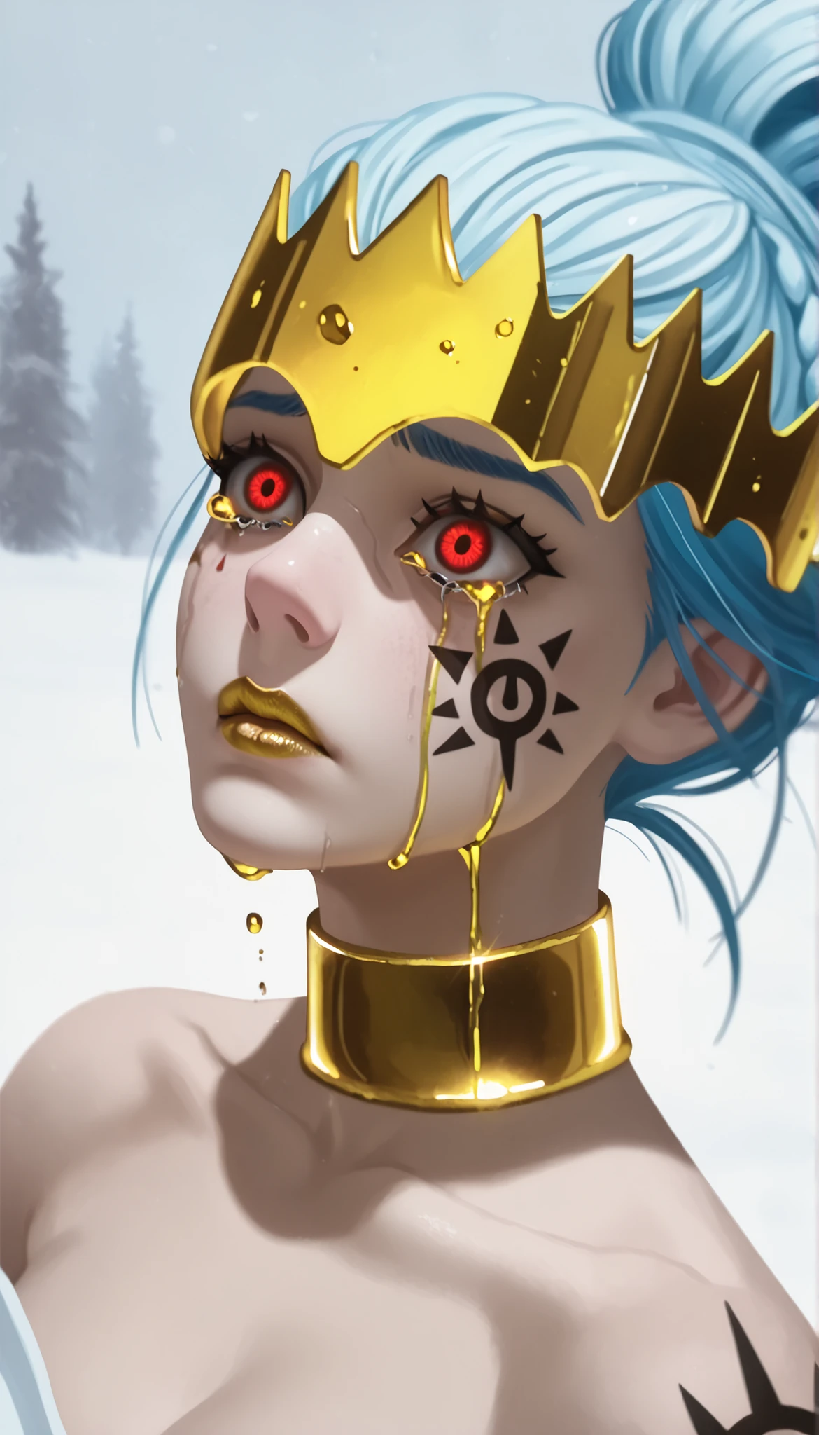 1 girl,looking sideways,shy,Freezes,snow, close,Beauty,Composition,contrast with red eyes and blue hair,facial focus,Crying yellow tears,super detailed eyes,liquid gold,Dramatic scene ,Yellow blood,crown of blood on the head,crown of light on the head,facial tattoo,black tattoo of wild animals,golden lips