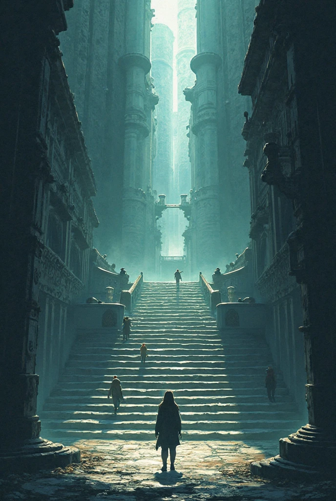 a poster that says PARASIO in relation to architecture and steps going up and down the little people in the dark shade