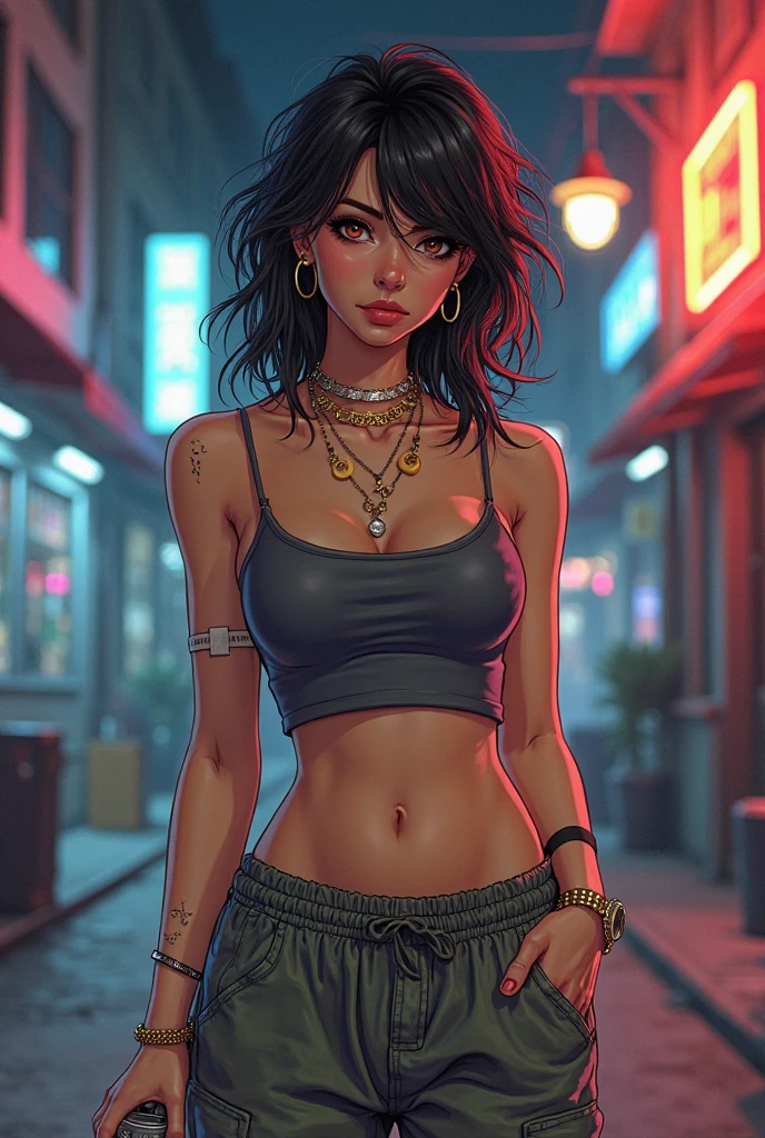 arafed woman with a red tank top and a necklace, sharing drinks with friends, sexy girl with green eyes, portrait sophie mudd, brown hair and large eyes, selfie of a young woman, bedroom eyes, violet myers, without makeup, natural makeup, looking directly at the camera, face with artgram, subtle makeup, stunning full body shot, piercing green eyes, beautiful angle, attractive pose, cute girl, brunette goddess, high detail, satisfied pose, wearing orange boots, skirt, small mole on the left side of her chest, light freckles on her face