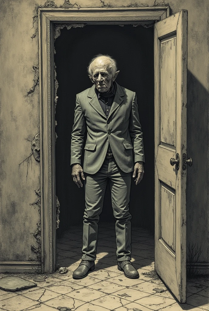 A creature made of broken mirrors and stitched velvet emerges from a shattered doorway. It has no face, only a reflection of the viewer. The  sees their older self in its glass chest. Detailed crosshatching and vintage lithograph texture, surreal and poetic horror.