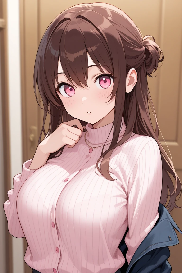 nurse, mature woman, pink uniform, tight, brown hair, brunette, Ahegao, cleavage.