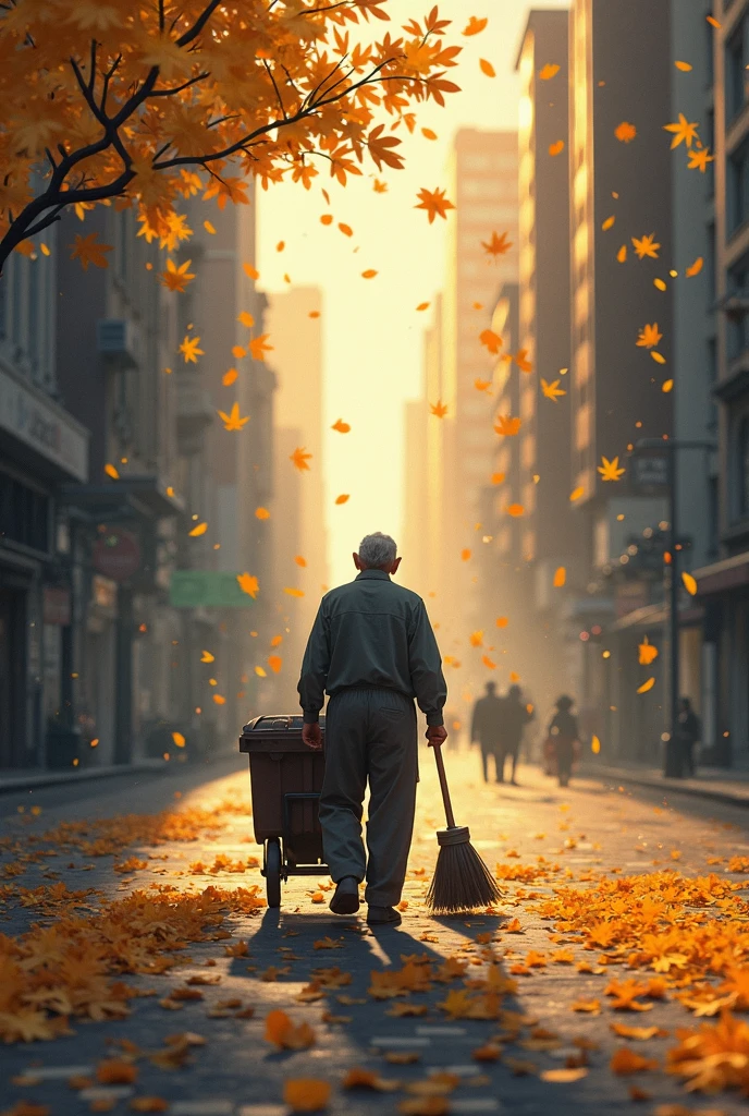 A lonely street sweeper pushes his garbage cart through the streets at dawn. De repente, golden leaves begin to fall from the sky, as if they were silent signs of divine care.
Disney/Pixar-style art