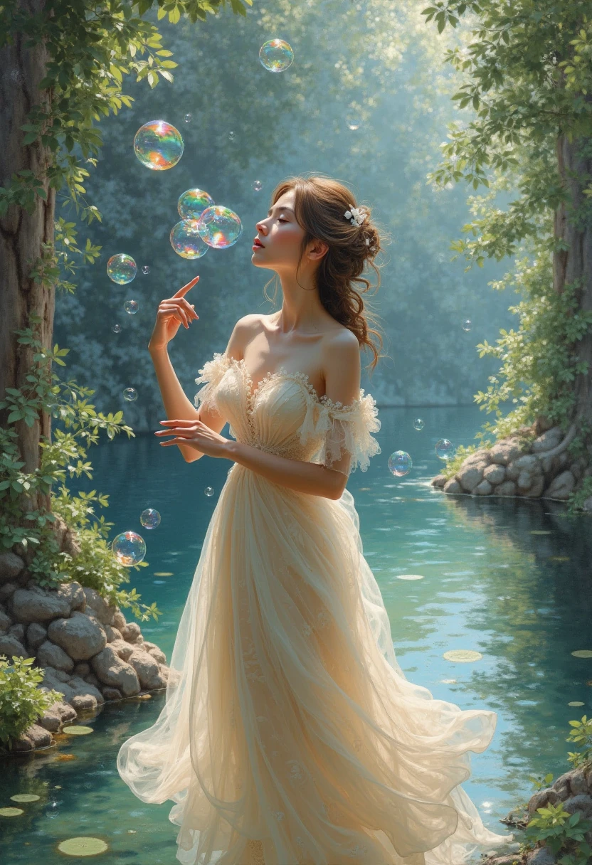 a painting of a woman in a dress blowing bubbles, loish and Oh!, Ethereal bubbles, moebius + loish + Oh!, dreamy and detailed, intricate Oh!, fantasy foreground with water magic,  fairytale artwork , Fairy tale painting, in the style of Anna Dittmann, Oh! art, Realistic fantasy painting, Artgerm Julie Bell Beeple