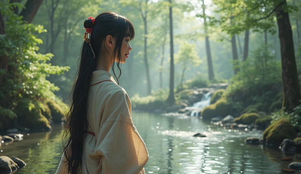 A REAL Oriental Japanese girl with 18 years old with lush beyond floor length black hair and see her "whole" thin body wearing thick lambswool traditional Wafuku standing nearby a hot spring inside the forest, must see her whole body. The scenario of forest shows spring view. This graph MUST see girl's "whole thin body", including facial expression like smile, black eye, nose, hands, legs, wearing thick lambswool traditional Wafuku, ?????, buttock, with beyond floor length black hair, legs and shoes and whole thin bodies. REAL girl must has "thin body, legs, foot, "LUSH BEYOND FLOOR length hair and face with humanity smile and body" with streamline. Show her front side with happy smile and lush beyond floor length black hair.