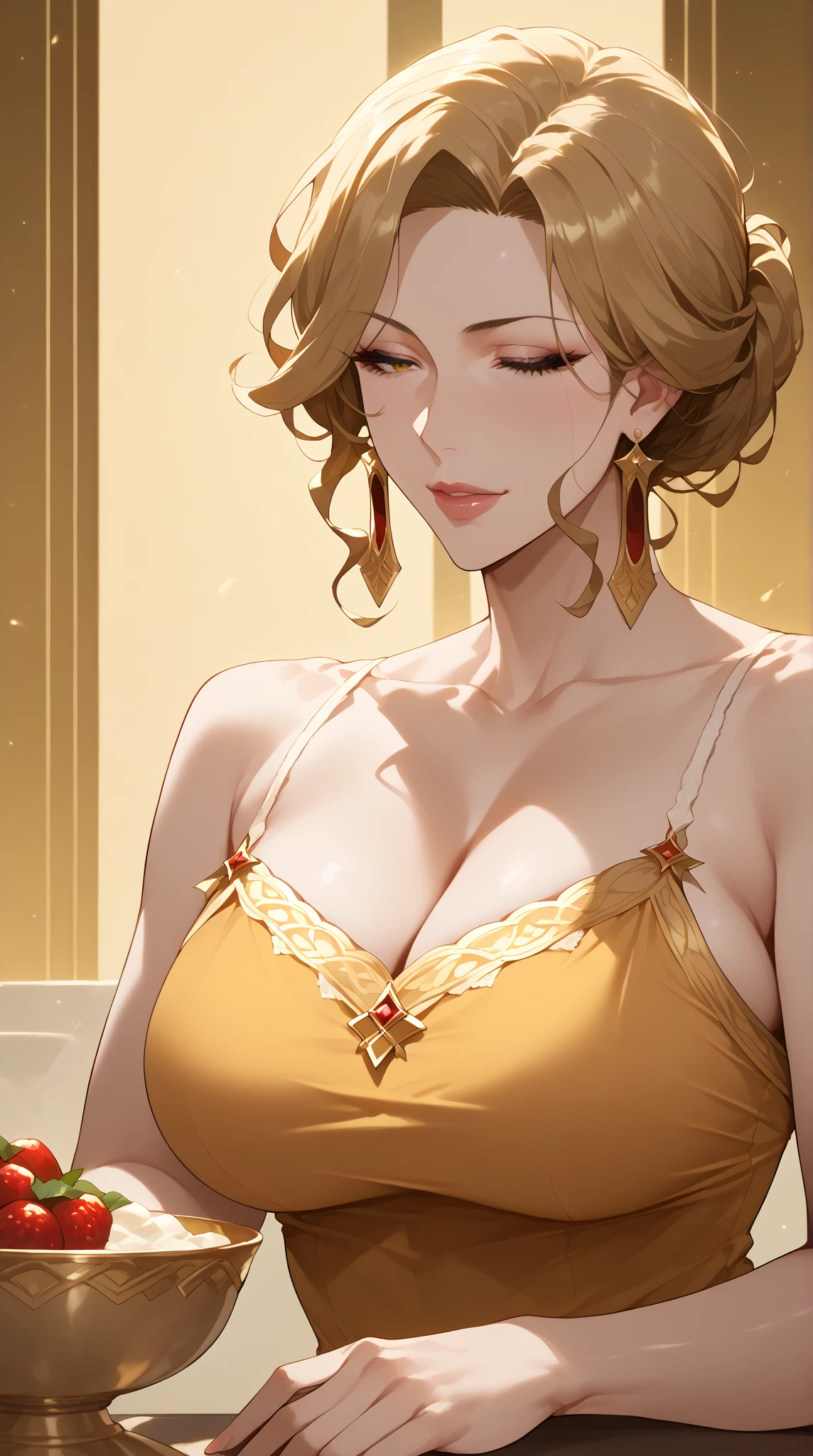 (Hermela, Goddess of Day, Incarnation of Daylight, ((Maiden)), ((Super Huge Tits))), (Wife), Integrity, Justice, (Extreme Majesty), Golden Eyes, Golden Lips, Gold Dust, Passion Like Fire, (Creates a Glorious Atmosphere), Fair Skin, Blonde Hair, Mom, (Golden Cloak), Short Hair, Beautiful Legs, Ancient Greek God's Costume, God of Day, (Lots of exquisite gold jewelry), Perfect flesh, Full of texture, Scorching rendering, Jaw-dropping, Captivating visual enjoyment, ((best quality), ((masterpiece)), maximum clarity, multi-layered texture, super detailed, illustration, (super detailed face), (perfect face), clear texture, fine texture, ultra HD detail display, excellent image performance, high-quality illustration, perfectly fit harmonious tones, deep lines, precise brush strokes, with a strong sense of three-dimensional and delicate wear, wonderful color matching, intricate details