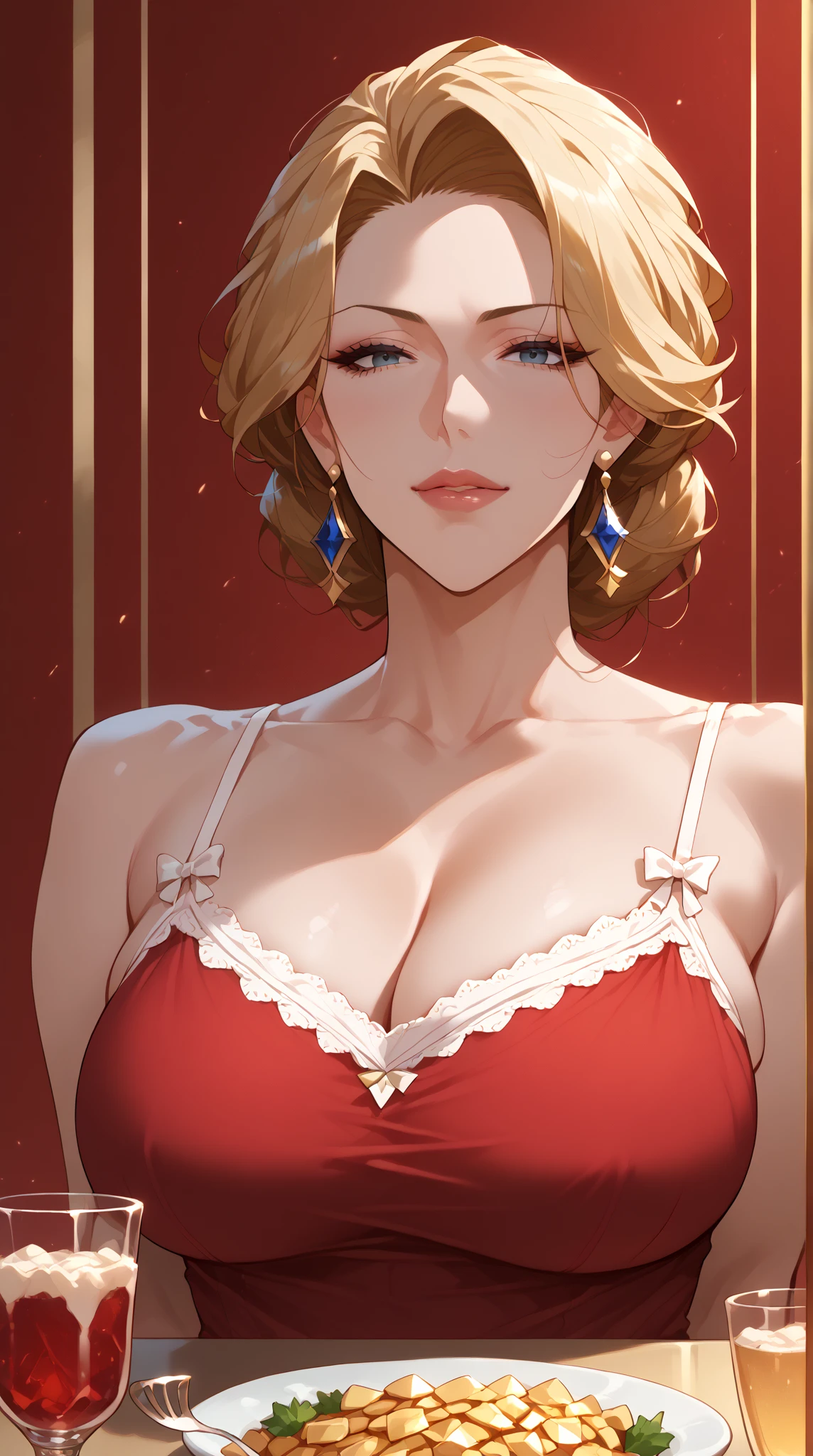 masterpiece, ,(solo:1.1), perfect face, (bright lighting:1.2),beautiful detailed eyes, extremely detailed face, perfect lighting,masterpiece, best quality, ((mature female)), ((large breasts)), 30yo female, 1girl, red lips, short blonde, straight hair ,provocative, tease, lips, lipstick, red lips, red lipstick, milf, large breast , simple smile, adult woman, bold lips, thick lips, thick skirt, mini dress , full body