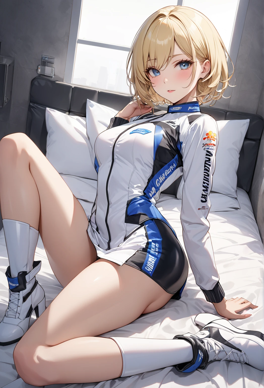 top-quality、Full limbs、complete fingers、Slender beauty、1 female、Women with straight hair、((Woman with orange hair))、Women with medium hair、Women with straight hair、(Beautiful busty woman:1.3)、((black rider jacket))、(((White competitive swimsuit:1.3)))、Brown pantyhose、black knee-length long boots、A big smile、Naughty Poses、((Dancing))